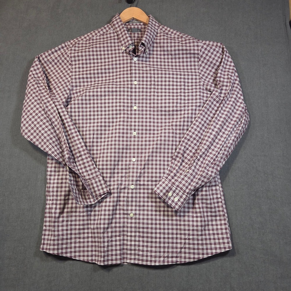 Eddie Bauer Button Down Shirt Mens TXL Maroon Plaid Wrinkle Free Relaxed Fit